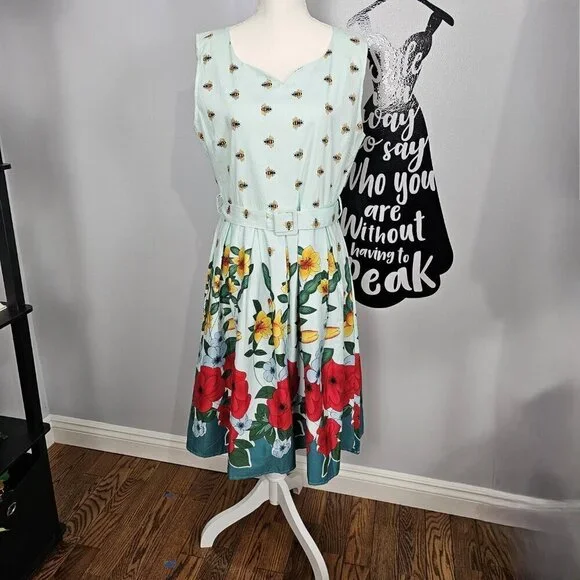 iHot Floral Bee 50's Style Sleeveless Belted A Line Pleated Swing Tea Dress NEW - Picture 8 of 8
